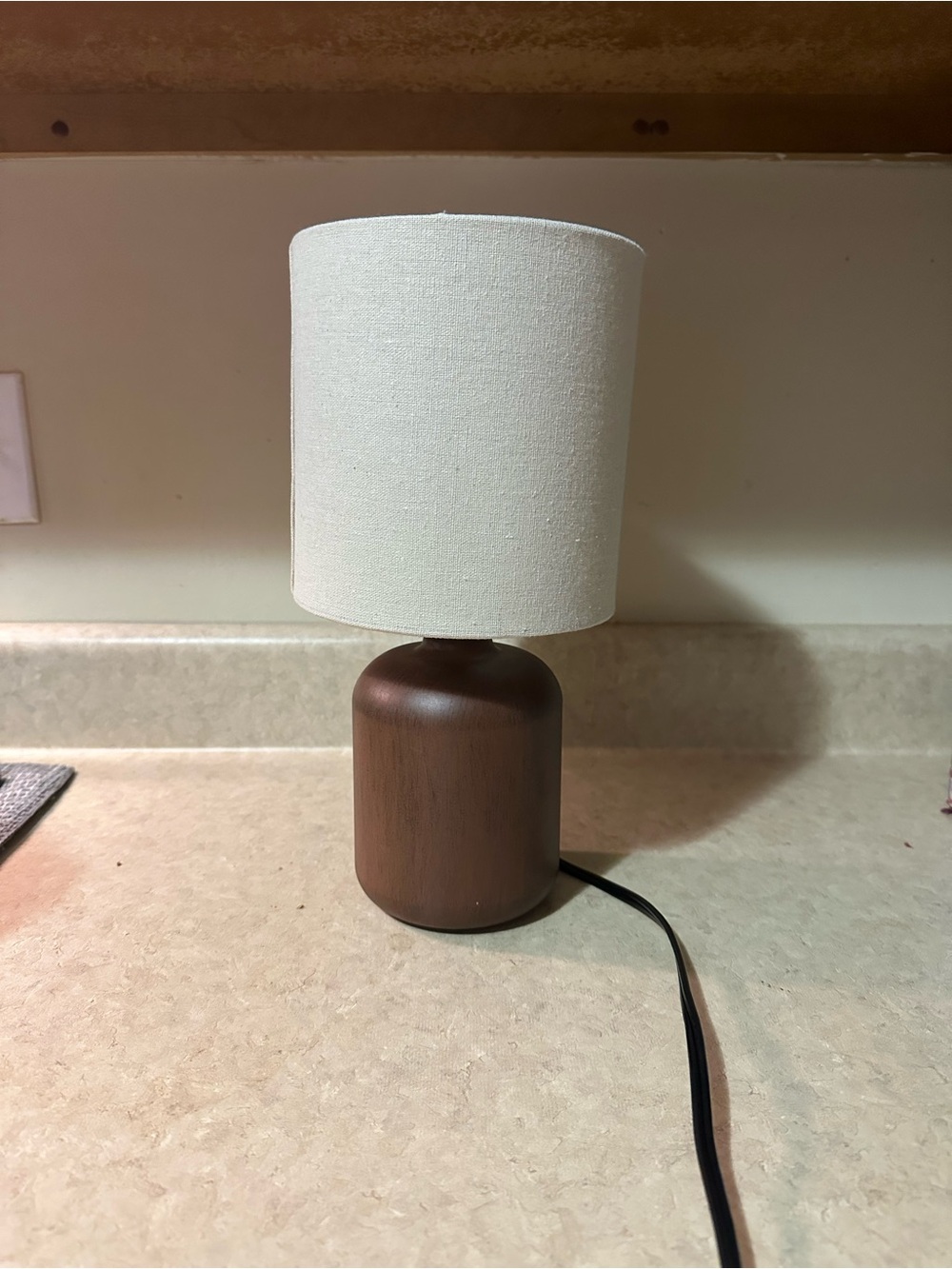 Mainstays White Shade Table Lamp with Brown Wood Base